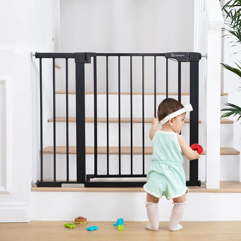 Photo 1 of COMOMY Safety Baby Gate Extra Wide 37.8"-43.3", Auto Close Dog Gate for House Doorways Stairs, Pressure Mounted Easy Walk Through Pet Gate Child Gate, Includes 2.75" and 8.25" Extension, Black
