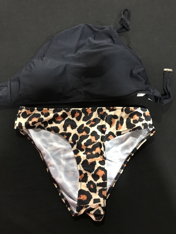 Photo 2 of [Size M] Ekouaer Bikini Set Halter High Neck Swimsuits Women Full Coverage Floral Bathing Suits 2 Piece Sexy Teen Swimwear - Black Leopard