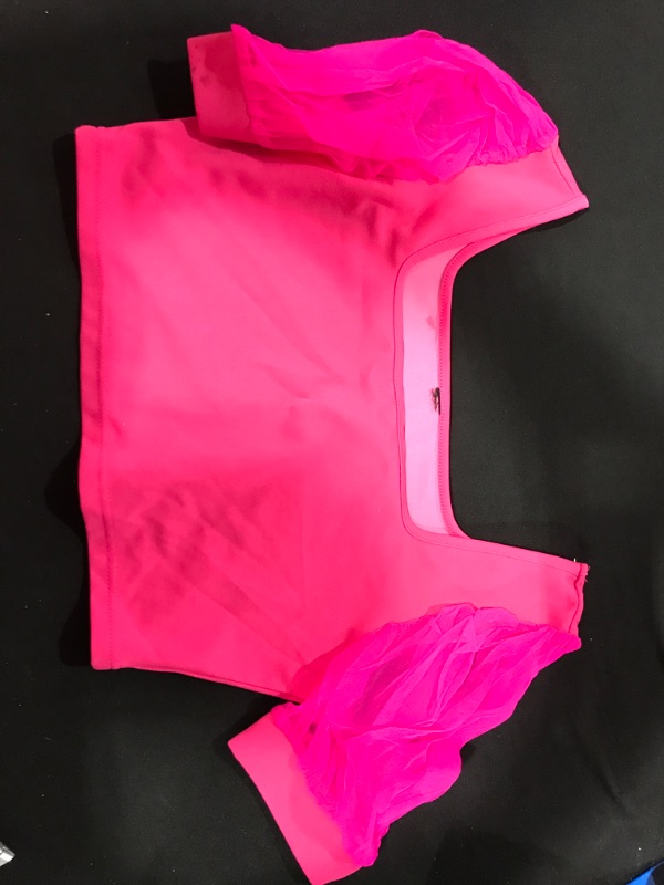 Photo 2 of [Size M] WDIRARA Women's Square Neck Mesh Puff Short Sheer Sleeve Crop Top Slim T Shirt - Hot Pink