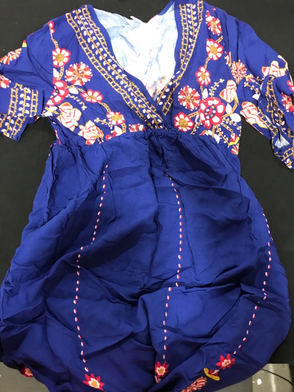 Photo 2 of [Size  X-Large] Romwe Women's Floral Print Deep V Neck 3/4 Sleeve A-Line Bohemian Tribal Boho Midi Dress- Royal Blue