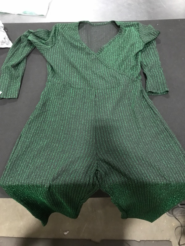 Photo 2 of [Size L] LightlyKiss Women Casual Sexy V Neck Sparkly Jumpsuits Long Sleeve Onesie Loose Pants Party Clubwear with Belt Large Green