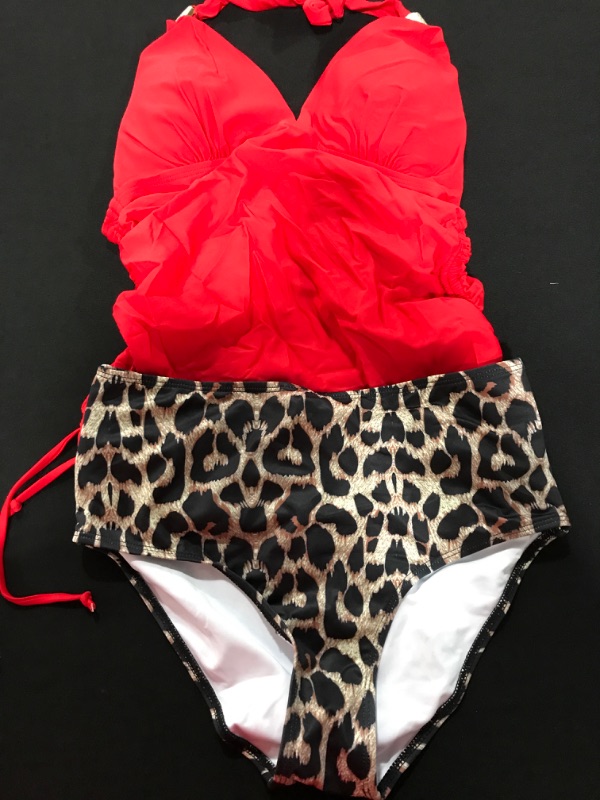 Photo 2 of [Size M] SUUKSESS Women Halter Tankini Bathing Suits Sexy Slimming Tummy Control Swimsuit #1 Red Leopard