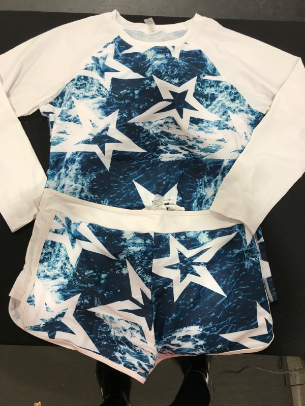 Photo 2 of [Size 3XL] 2pc White and Blue Long Sleeve Rash Guard Shirt and Drawstring Shorts