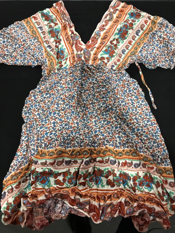 Photo 2 of [Size S] Womens Summer Boho Dress Off Shoulder V Neck Printed Elastic Short Sleeve Irregular Hem Dress