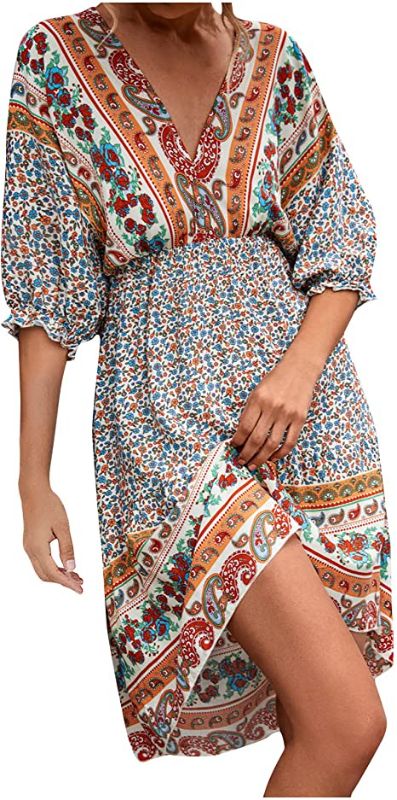 Photo 1 of [Size S] Womens Summer Boho Dress Off Shoulder V Neck Printed Elastic Short Sleeve Irregular Hem Dress