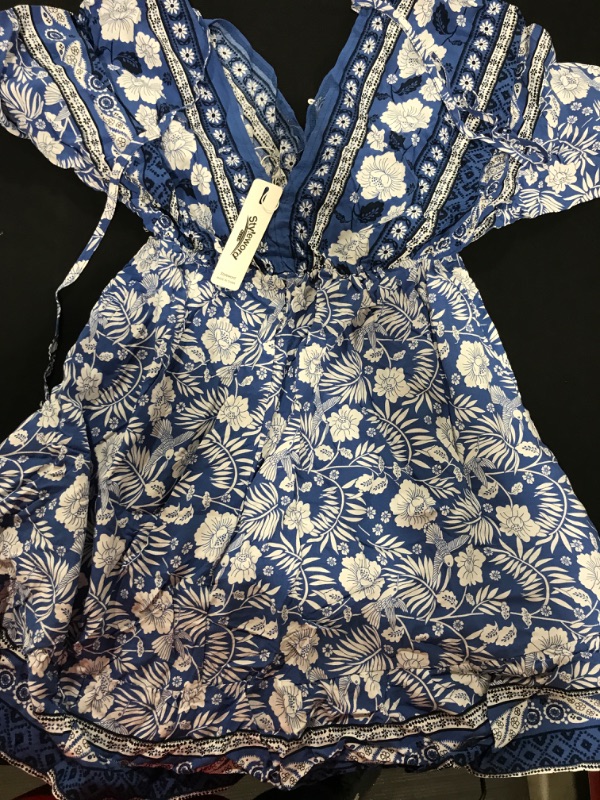 Photo 1 of [Size S] elescat Women's Spring Dress Sundress Summer Pockets ( White Blue Leaves)