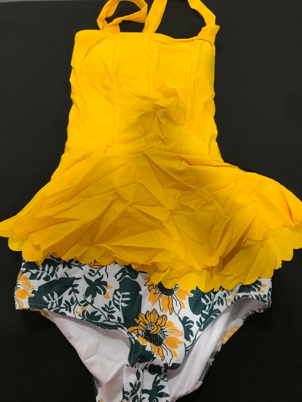 Photo 2 of [Size M] Womens High Waist Swimsuit Vintage 2 Piece Bathing Suit Ruffle Pad Tankini Bikini Set - Yellow