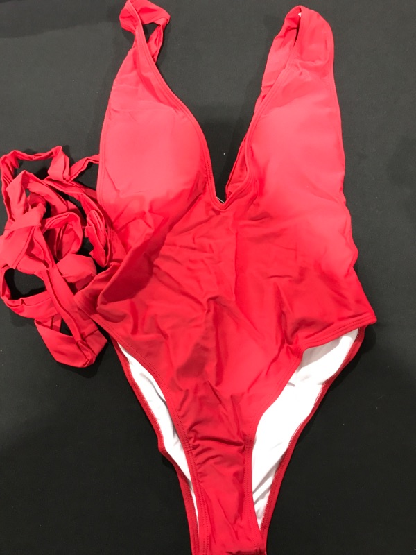 Photo 2 of [Size L] Lilosy Sexy Tie Criss Cross Plunge One Piece Thong Swimsuit High Cut Brazilian Bathing Suit Large Red