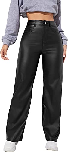 Photo 1 of [Size L] MakeMeChic Women's High Waist Pockets Straight Leg Jeans Leather Look Pants
