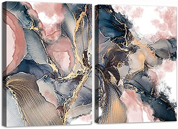 Photo 1 of Abstract Canvas Prints Wall Art 2 Panel Texture Paint Stains Blue Rose Gold and Pink Picture Wall Decor For Bathroom Bedroom Living Room (12"x16"x2 (30x40cmx2))
