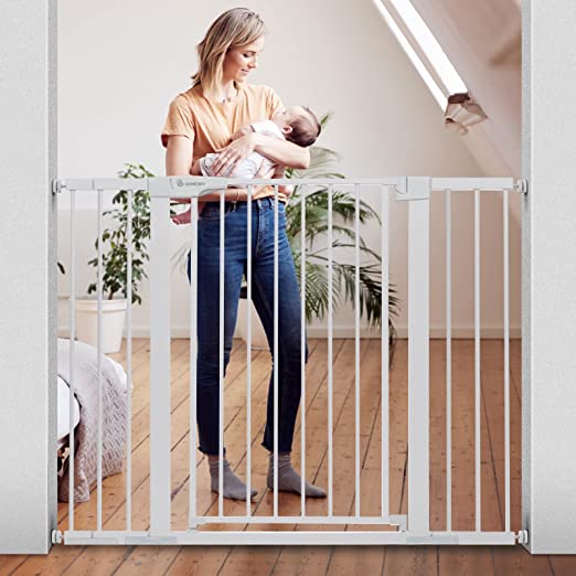 Photo 1 of COMOMY 36" Extra Tall Baby Gate for Stairs Doorways, Fits Openings 29.5" to 48.8" Wide, Auto Close Extra Wide Dog Gate for House, Pressure Mounted Easy Walk Through Pet Gate with Door, WHITE