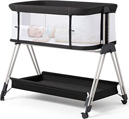 Photo 1 of Fodoss Baby Bassinet Bedside Sleeper with Wheels and Storage Tray,4-Sided Mesh Bedside Bassinet Co Sleeper for Infant/Newborn,7 Height Adjustable Easy Folding Bedside Crib
