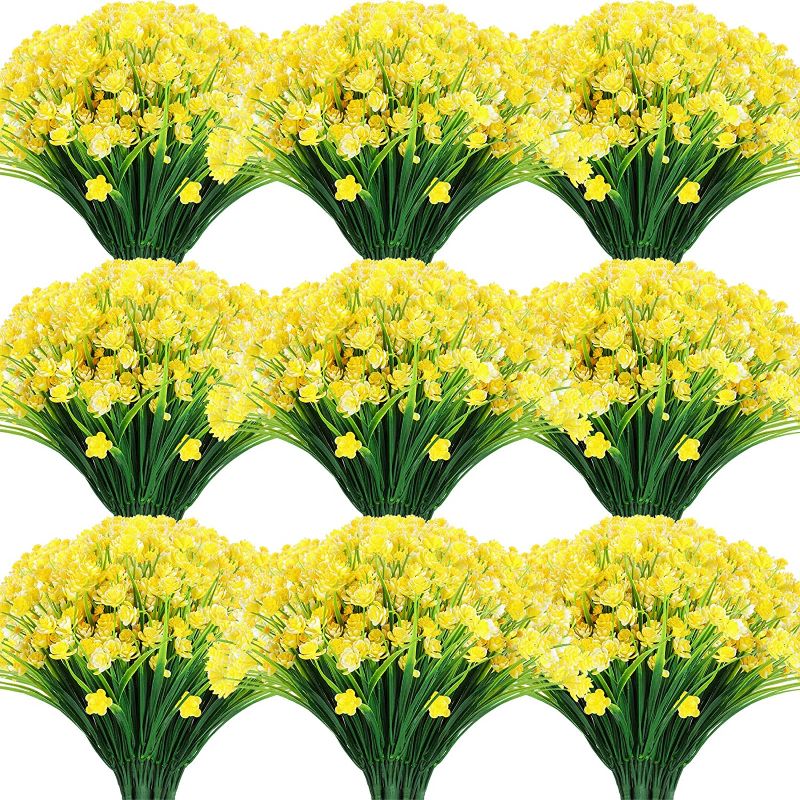 Photo 1 of 40 Bundles Artificial Outdoor Flowers, UV Resistant Fake Plastic Flowers Faux Plants Outdoors Fall Autumn Thanksgiving Decoration Shrubs Outside Home Garden Porch Window Box Decor (Yellow)