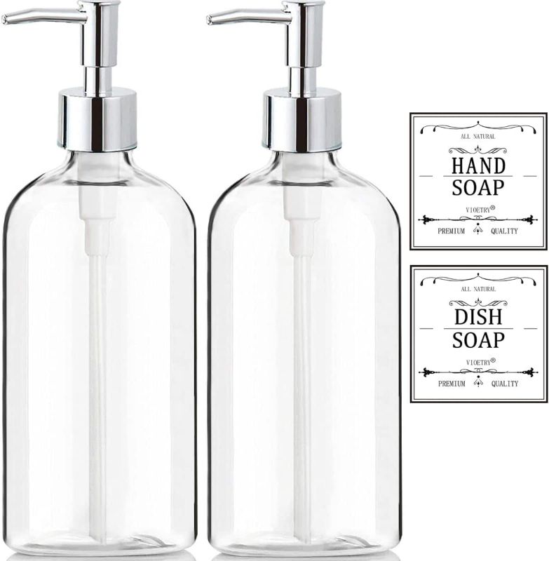 Photo 1 of Clear Hand Soap Dispenser with Pump - Liquid Dish Soap Dispenser for Kitchen Sink (Set of 2) Hand Pump Reusable Clear Plastic Bottle with Easy to Read Lettering - Countertop Replacement Refill