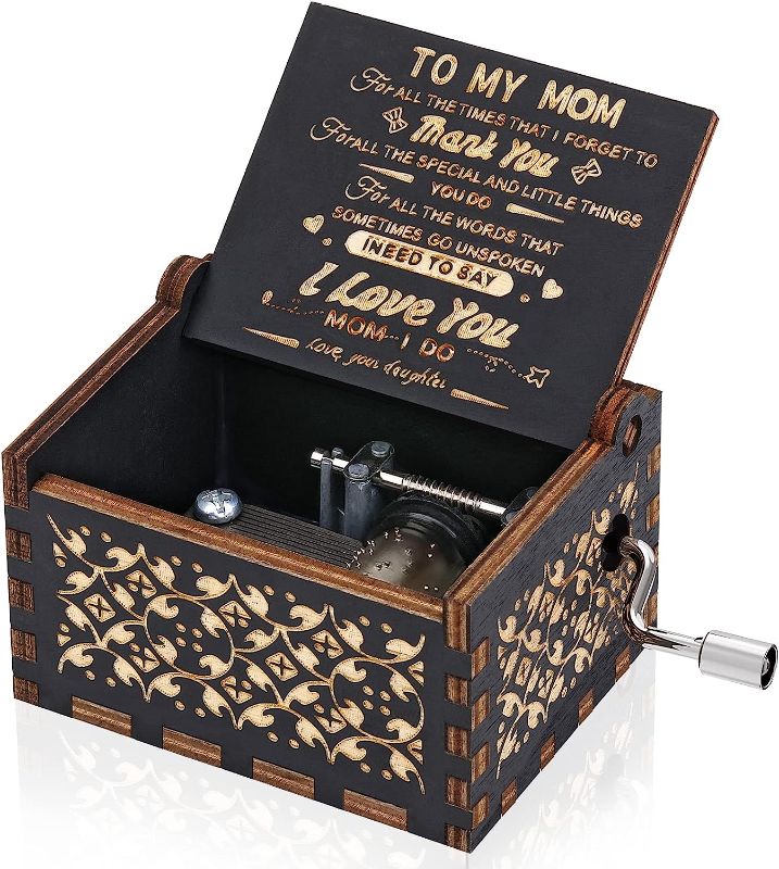 Photo 1 of You are My Sunshine Music Box with Hand Crank for Mother, Black Wooden Antique Engraved Mini Music Boxes Unique (from Daughter)