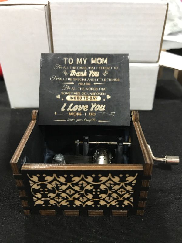 Photo 2 of You are My Sunshine Music Box with Hand Crank for Mother, Black Wooden Antique Engraved Mini Music Boxes Unique (from Daughter)