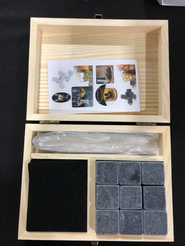 Photo 2 of 3 Set Reusable Chilling Stones Granite Stones Ice Cube Sipping Round Rock Stainless Steel Tong Velvet Storage Pouch Wooden Gift Box for Dad Husband Boyfriend Fathers Day Birthday Anniversary 