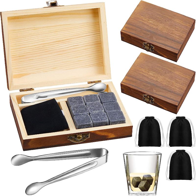 Photo 1 of 3 Set Reusable Chilling Stones Granite Stones Ice Cube Sipping Round Rock Stainless Steel Tong Velvet Storage Pouch Wooden Gift Box for Dad Husband Boyfriend Fathers Day Birthday Anniversary 