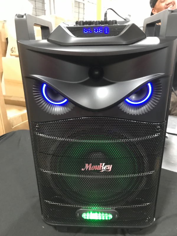 Photo 3 of Moukey Karaoke Machine, PA System Subwoofer, Portable Bluetooth Speaker w/ 2 Wireless Microphones, Lyrics Display Holder, Party Lights & Echo/Treble/Bass Adjustment, Support TWS/REC/AUX/MP3/USB/TF/FM 10" Subwoofer