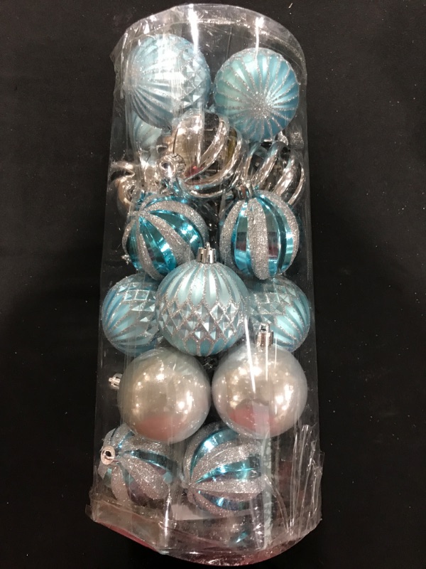 Photo 2 of 24pcs 2.36" Christmas Balls Ornaments for Christmas Tree, Shatterproof Coloured Hanging Balls, Xmas Colorful Balls Decorations, Baubles Set with Hang Rope(Light Blue & Silver)