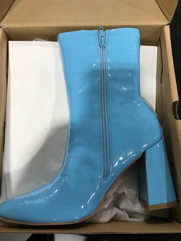 Photo 2 of [Size 5] Coutgo Womens Square Toe Gogo Mid Calf Booties Patent Leather High Chunky Block Heel Side Zipper Ankle Boots Sky Blue 5