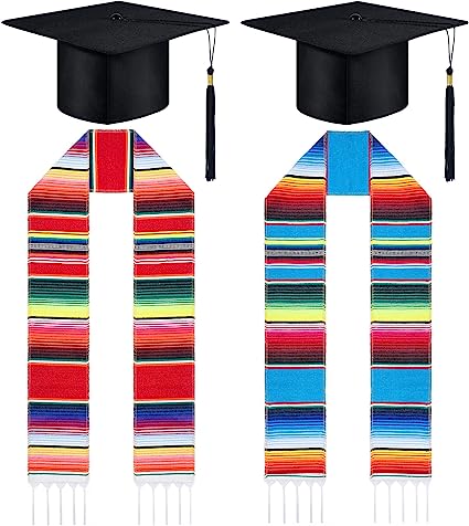 Photo 1 of 2 Pieces Mexican Graduation Stole with 2 Adult Graduation Cap Colorful Mexican Serape Scarf Matte Graduation Cap Set for Graduation Women Men 