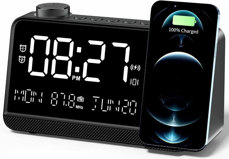 Photo 1 of Dekala Alarm Clock with Wireless Charging 15W Ultra Fast, 100dB Super Loud 9” Large Display FM Radio Wireless Charger Alarm Clock for Bedrooms with Dual Alarms & 7 Natural Sounds, Snooze,12/24H