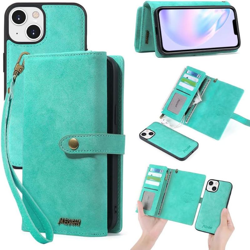 Photo 1 of QIXIU iPhone 14 Plus Wallet Case, Multi-Function Case,Detachable 3 in 1 Magnetic iPhone 14 Plus Case Wallet,Flip Strap Zipper Card Holder Phone Case with Shoulder Straps for iPhone 14 Plus-Green 