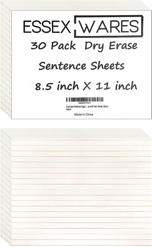 Photo 1 of Essex Wares Dry Erase Handwriting Paper/Sentence Sheets 8.5" x 11" – Thirty (30) Pack Just Write and Then Wipe Away – Reuse Multiple Times – Similar Functionality as Dry Erase Lap Boards 