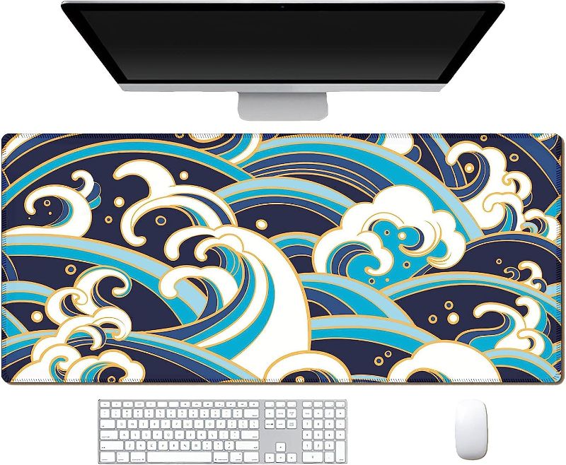 Photo 1 of Japanese Blue and White Wave Gaming Mouse Pad XL Extended Mousepad Desk Pad Mat Long Non-Slip Rubber Base Keyboard Pad Stitched Edges Large Mouse Pads Gifts for Office Home (31.5'' X 11.8'') 