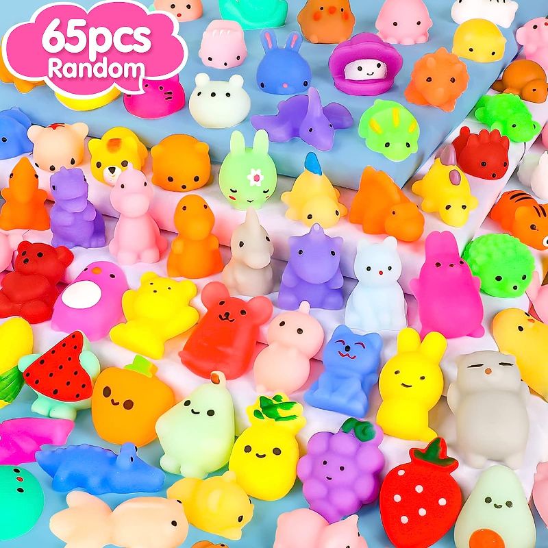 Photo 1 of 65PCS Mochi Squishy Toys for Kids Party Favors Fruit Animal Mini Squishies Stress Relief Toys Easter Egg Fillers Goodie Bag Stuffers Classroom Prizes Kids Valentines Xmas Gifts for Boys Girls, Random