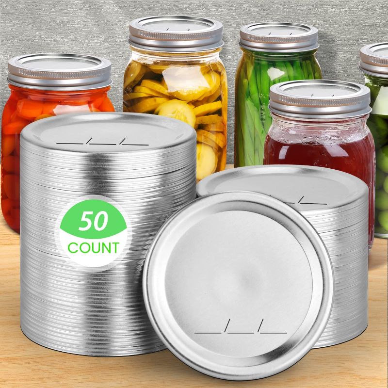 Photo 1 of 50-count Canning Lids Regular Mouth for Ball Kerr Jars, Leakproof Mason Jar Lids for Canning Food Grade Material, 100% Fit & Airtight for Regular Mouth Jars(50-pack) 