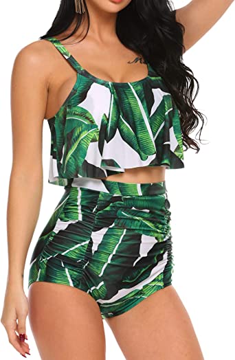 Photo 1 of ADOME Women Bikini Set Tummy Control Swimsuit Two Piece High Waist Floral Swimwear Plus Size   SIZE M