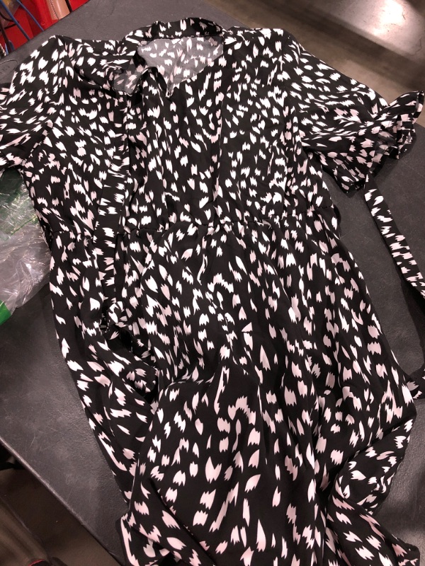 Photo 2 of Boho All Over Print Stand Collar A Line Dress Long Sleeve Black and White Women's Dresses (Women's) L
