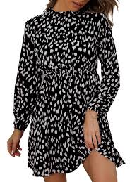 Photo 1 of Boho All Over Print Stand Collar A Line Dress Long Sleeve Black and White Women's Dresses (Women's) L
