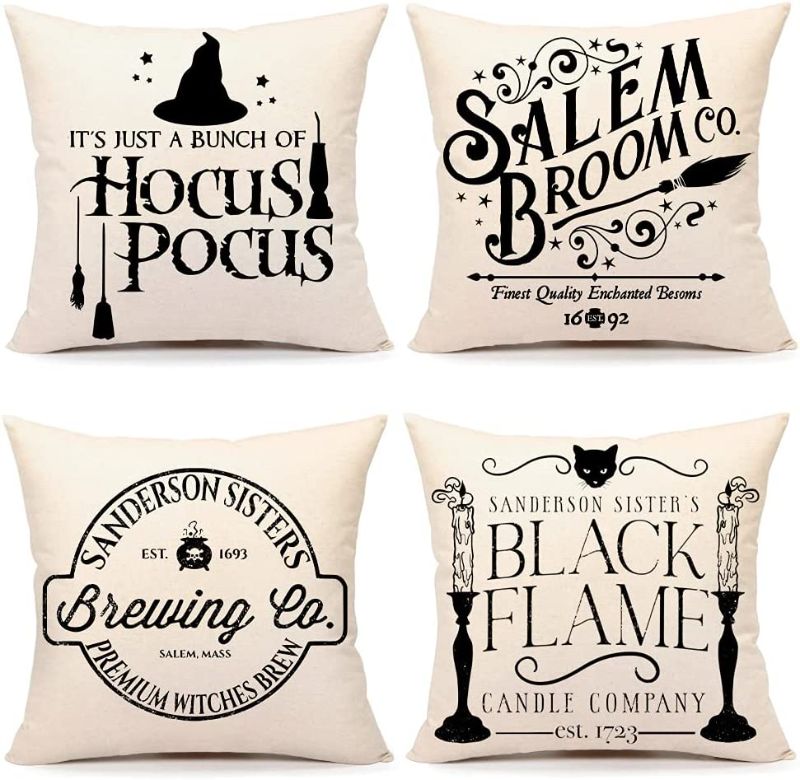 Photo 1 of 4TH Emotion Halloween Decor Pillow Covers 16x16 Set of 4 Halloween Decorations Hocus Pocus Farmhouse Saying Outdoor Fall Pillows Decorative Throw Cushion Case for Home Couch TH023-16 