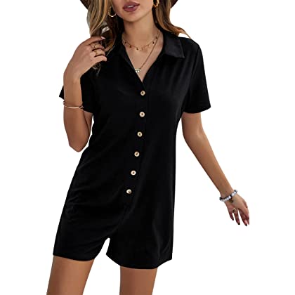 Photo 1 of Adibosy Women's V Neck Button Down Rompers Summer Short Sleeve Loose Romper One Piece Shorts Playsuit Jumpsuit MEDIUM 