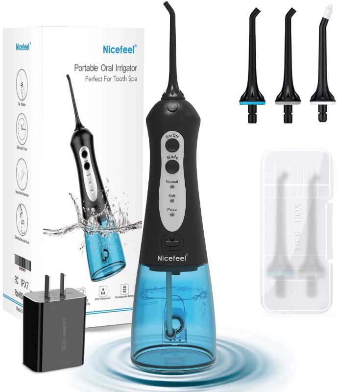 Photo 1 of Cordless Water Flosser Teeth Cleaner, Nicefeel 300ML Portable and Rechargeable Oral Irrigator for Travel, IPX7 Waterproof, 3-Mode Water Flossing with 4 Jet Tips for Family