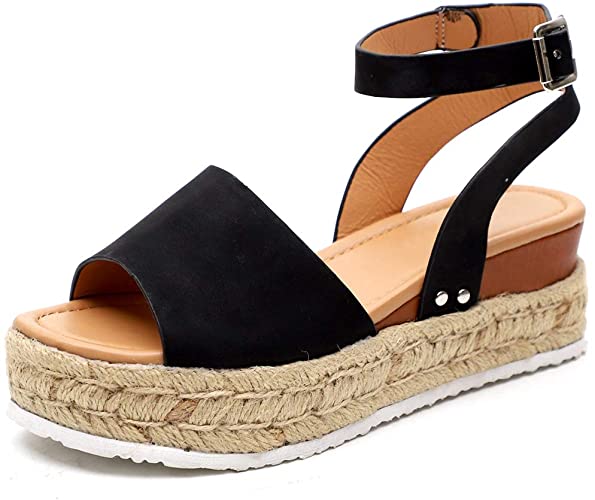 Photo 1 of Athlefit Women's Espadrilles Sandals Ankle Strap Buckle Wedge Sandal Open Toe Studded Platform Sandals - Black - Size 7