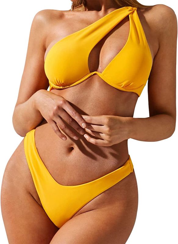 Photo 1 of ZAFUL Women's Sexy Cutout One Shoulder Bikini Underwire Padded Bathing Suit Cheeky Thong Brazilian Swimsuit SIZE 6
