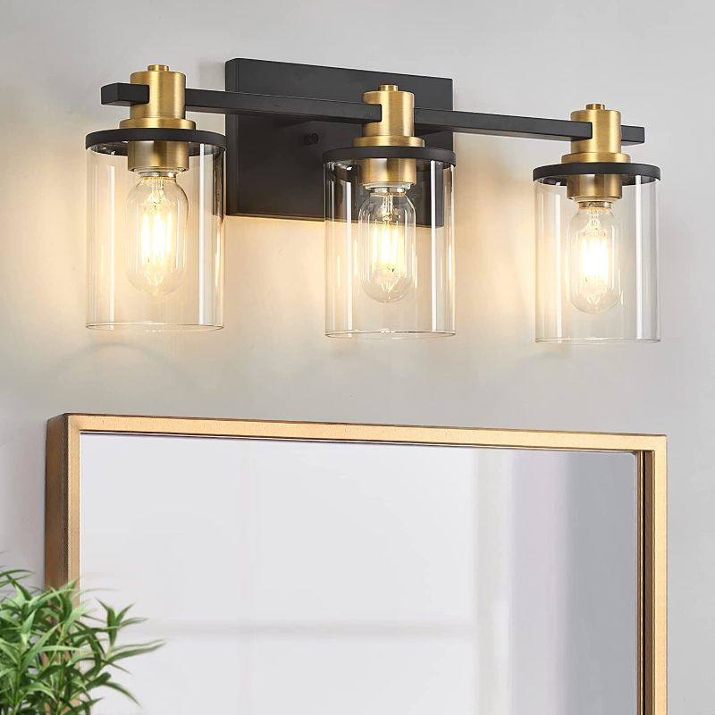 Photo 1 of 3 Light Bathroom Vanity Light, Black and Gold Bathroom Light Fixtures with Clear Glass Shade, Matte Black Finish, Brushed Gold Copper Accent Socket, Modern Gold Vanity Lights for Bathroom Over Mirror
