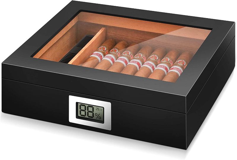 Photo 1 of (Cigar Humidor Box :) Glass Top,Spanish Cedar Wood 25-35 Cigars Storage Case, Desktop Humidor Cigar Box with Hygrometer, Humidifier & Divider, Luxury Black Finish
