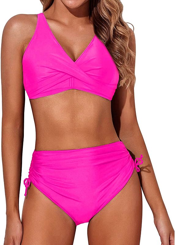 Photo 1 of Aqua Eve Women High Waisted Bikini Twist Front Swimsuits Lace up Bikini Tops Ruched Push up 2 Piece Bathing Suits