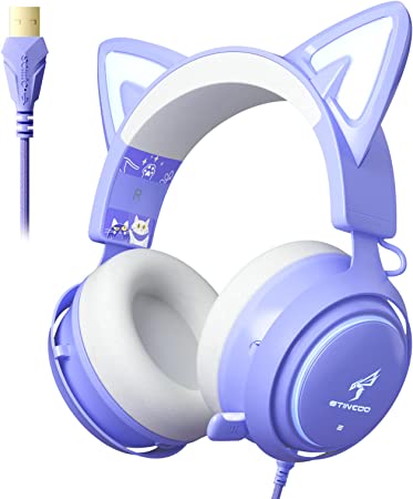 Photo 1 of EASARS Cat Ear Headset, USB Gaming Headset with Retractable Mic, 7.1 Surround Sound, RGB Lighting, Wired Headset for PC, PS4, PS5 - Purple
