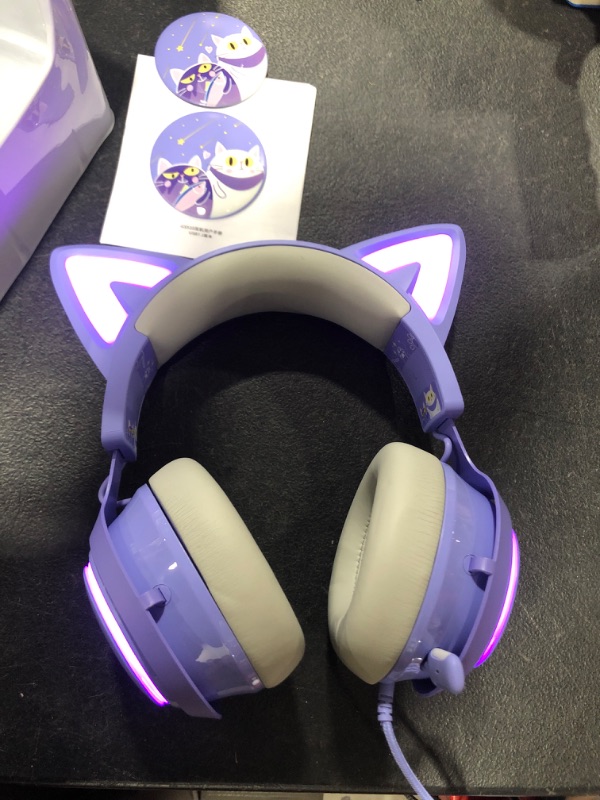 Photo 2 of EASARS Cat Ear Headset, USB Gaming Headset with Retractable Mic, 7.1 Surround Sound, RGB Lighting, Wired Headset for PC, PS4, PS5 - Purple
