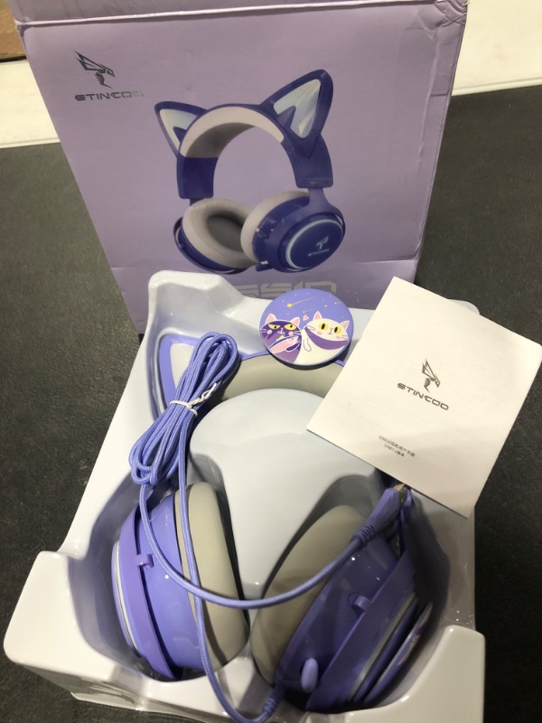 Photo 3 of EASARS Cat Ear Headset, USB Gaming Headset with Retractable Mic, 7.1 Surround Sound, RGB Lighting, Wired Headset for PC, PS4, PS5 - Purple
