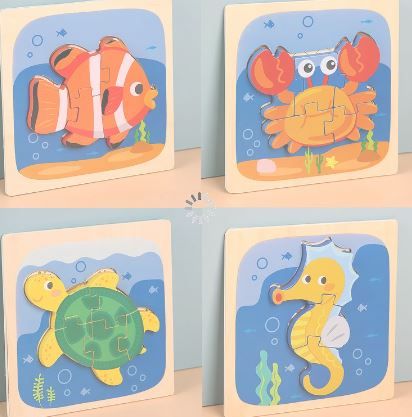 Photo 1 of 4 Pieces Cartoon Animal 3D Jigsaw Puzzles set Wooden Toy for Children Fish Set Montessori Educational Learning Baby Gift
