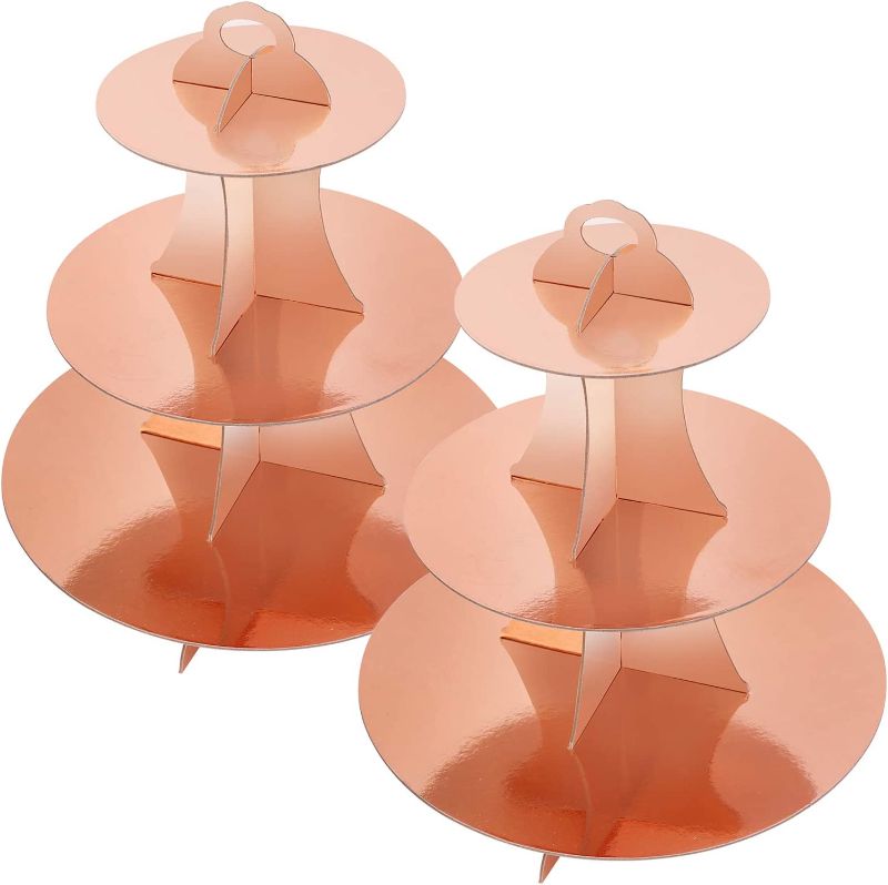 Photo 1 of 2 Set Rose Gold 3-Tier Round Cardboard Cupcake Stand for 24 Cupcakes Perfect for Women Girls Birthday Bridal Shower Rose Gold Party Supplies 