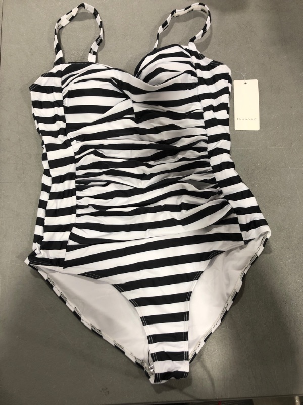 Photo 2 of [Size L] Ekouaer Womens One Piece Swimsuit Elegant Inspired Vintage Pin up Monokinis Tummy Control Swimwear Shirred Bathing Suits White & Black 