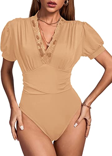 Photo 1 of [Size S] LYANER Women's Lace Trim V Neck Puff Short Sleeve Leotard Bodysuit Tops -Peach